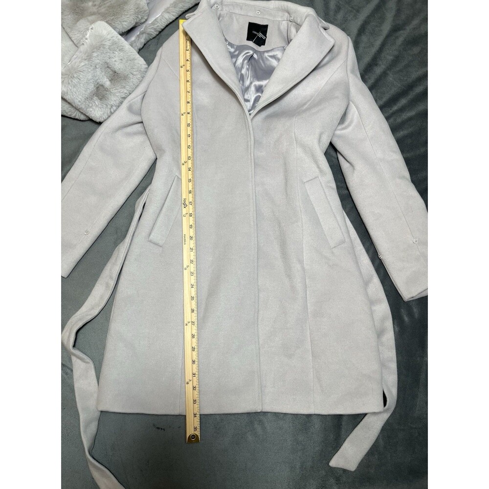 Forever21 Women Faux Fur-Trim Faux Suede Wrap Coat Sz M Grey - Picture 7 of 16
